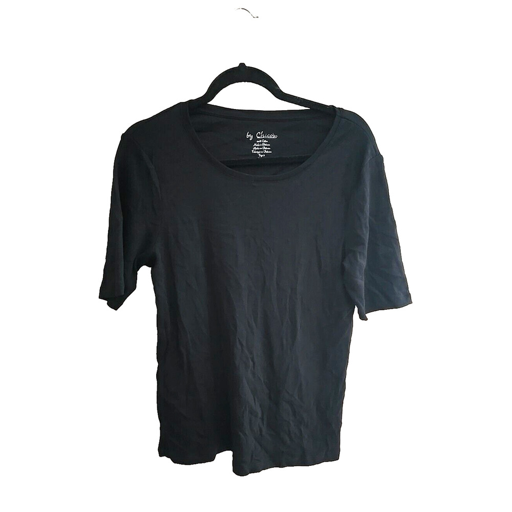 Chico's Black Scoop Neck Classic Knit Short Sleeve Casual Top Womans Size 2 LG